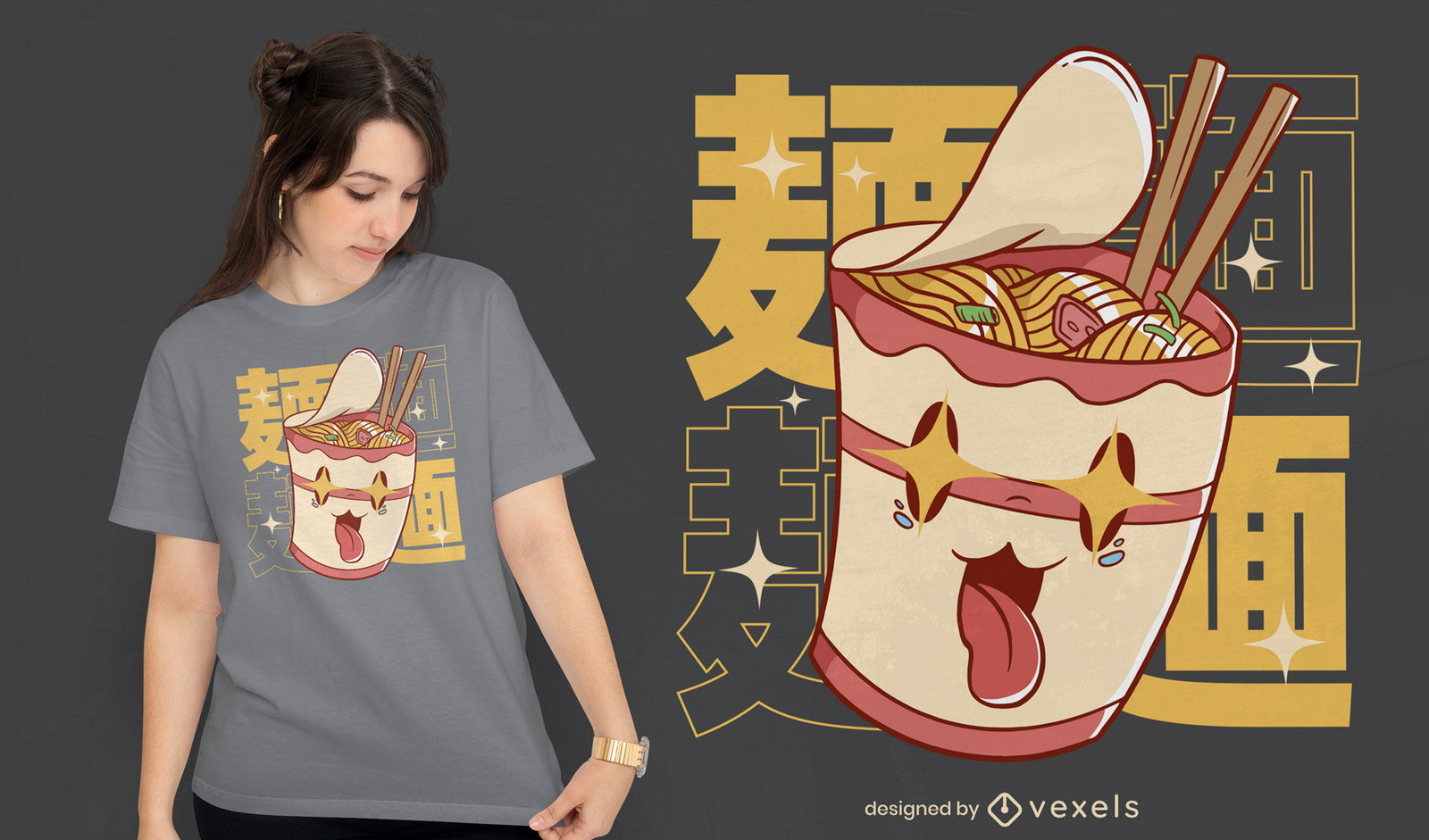 Design de camiseta kawaii de copo de comida instantânea Ramen