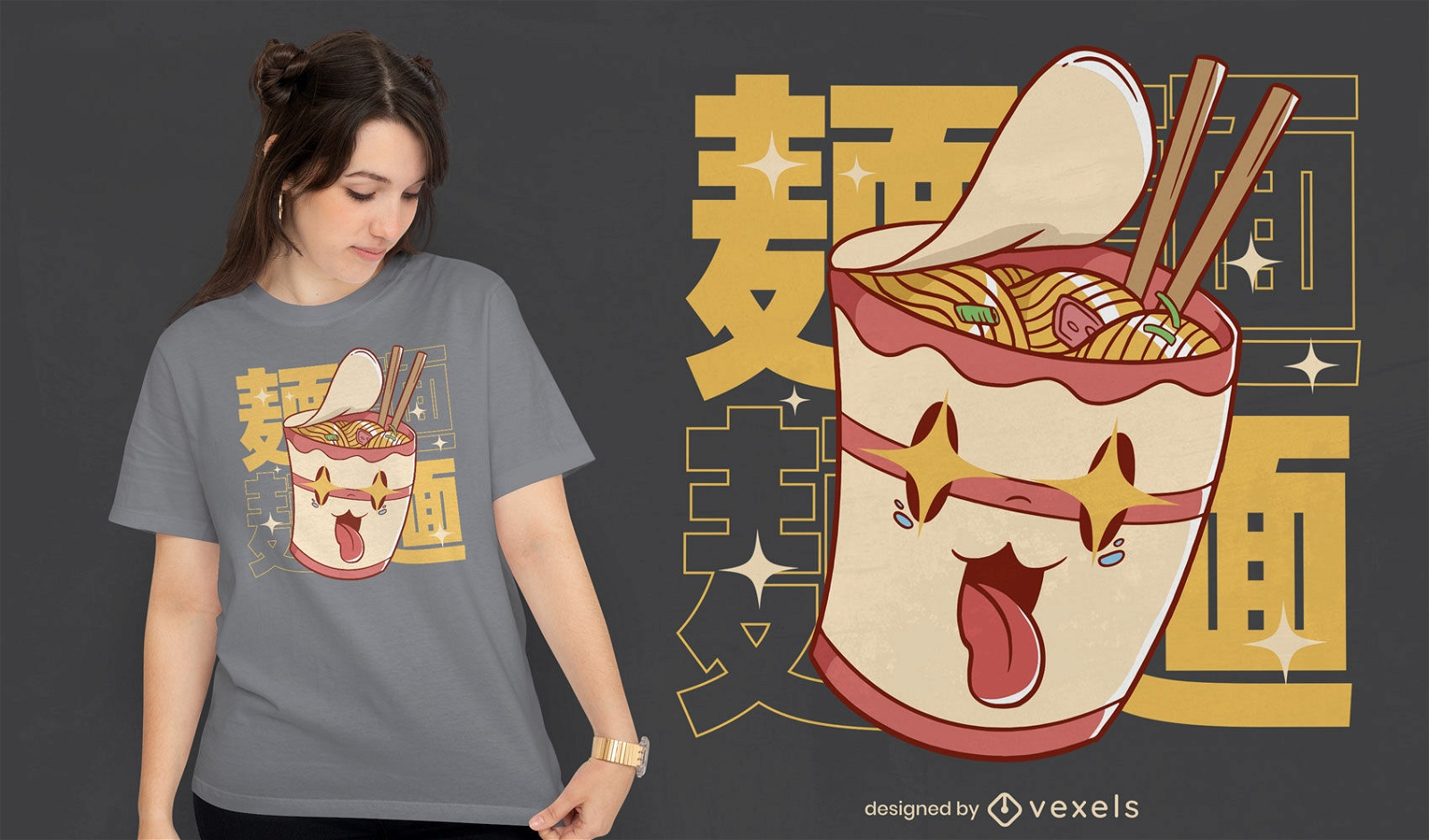 Diseño de camiseta kawaii de taza de comida instantánea ramen
