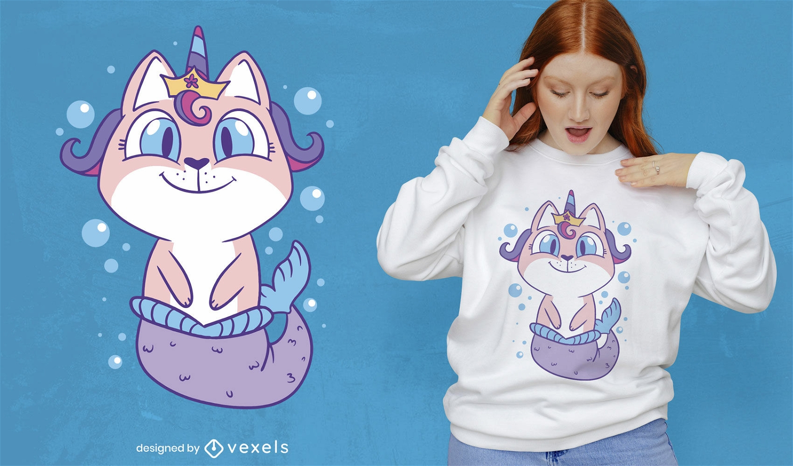 Design de camiseta de criatura de sereia de gato unic?rnio
