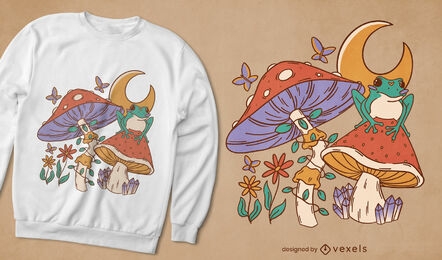 Diseño de camiseta de naturaleza de hongos y plantas.