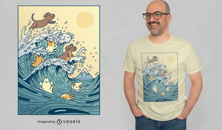 Dogs swimming wave t-shirt design