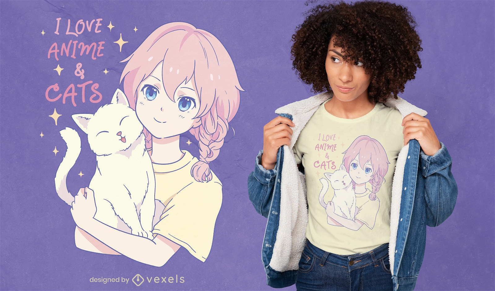 Design de camiseta para amante de gatos e animes