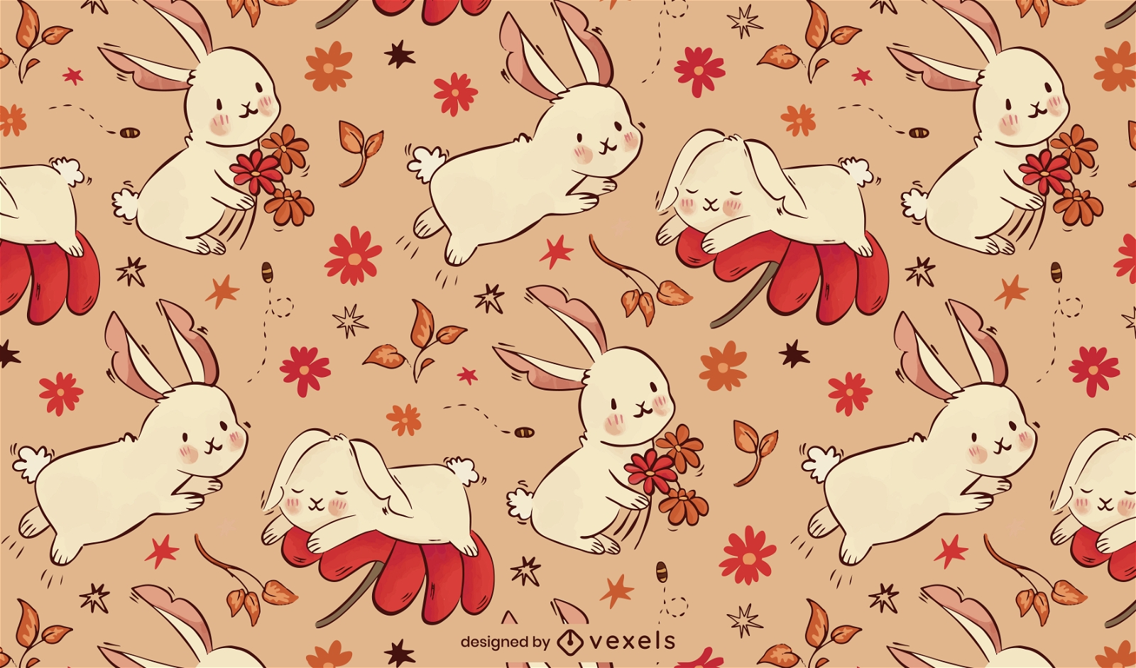 Lindo diseño de patrón de conejo y flores.