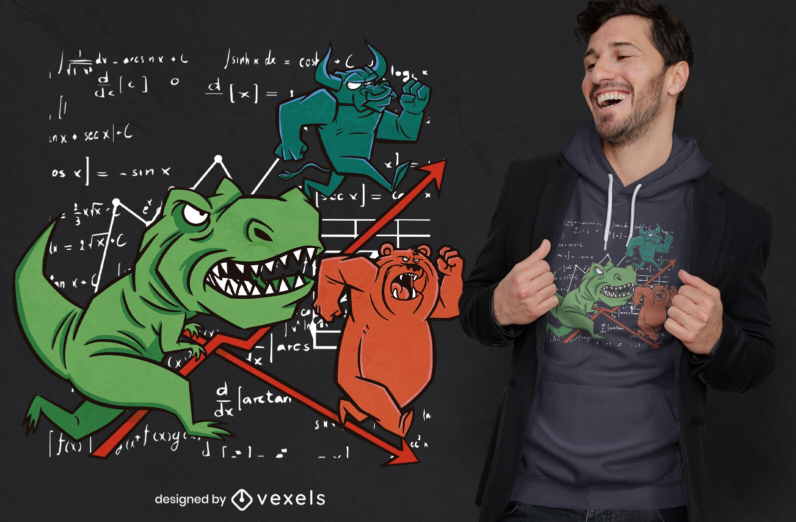Bull and bear chased by dinosaur t-shirt design