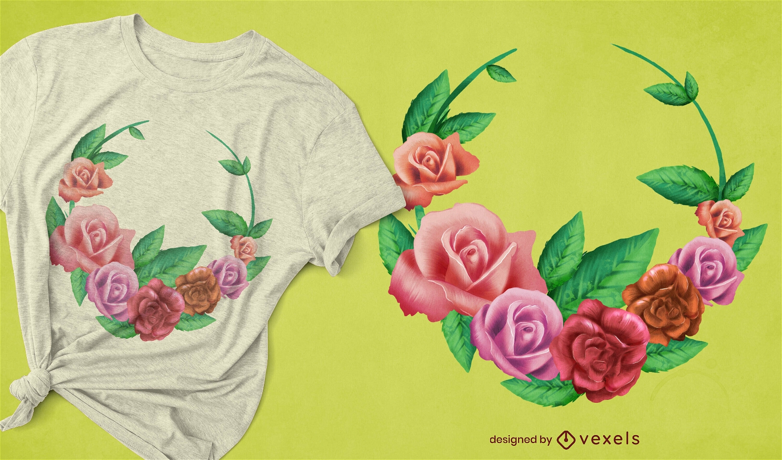 Dise?o de camiseta de corona de flor rosa y hojas.