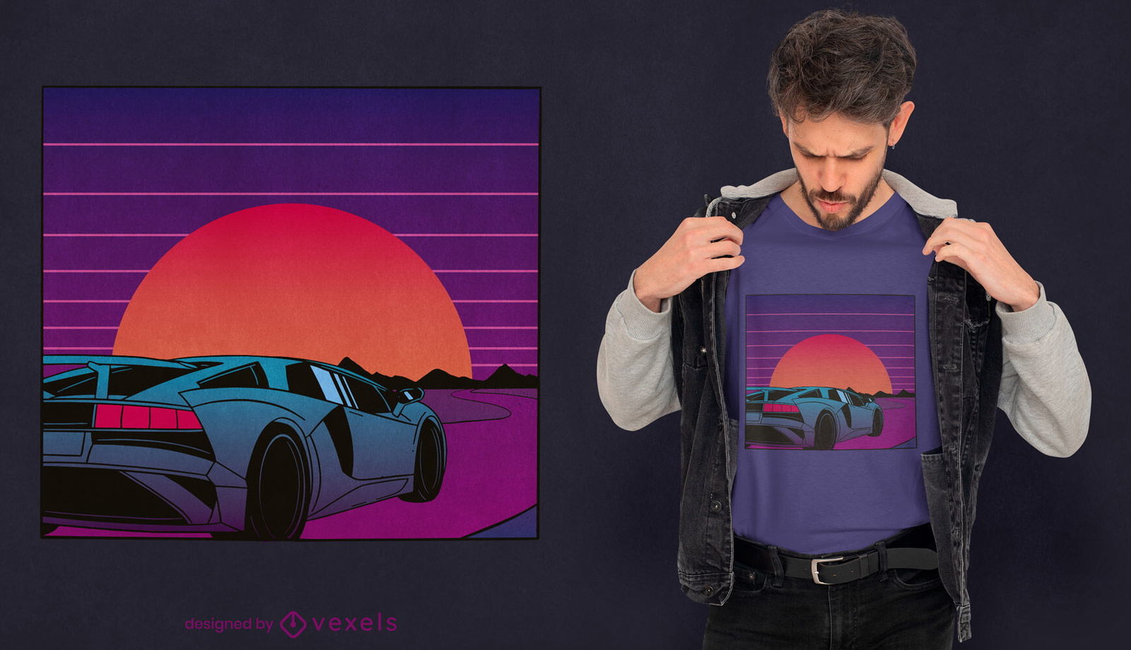 Coche deportivo en diseño de camiseta al atardecer.