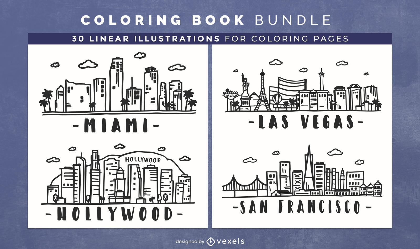 Design de páginas de livro para colorir de skylines dos EUA