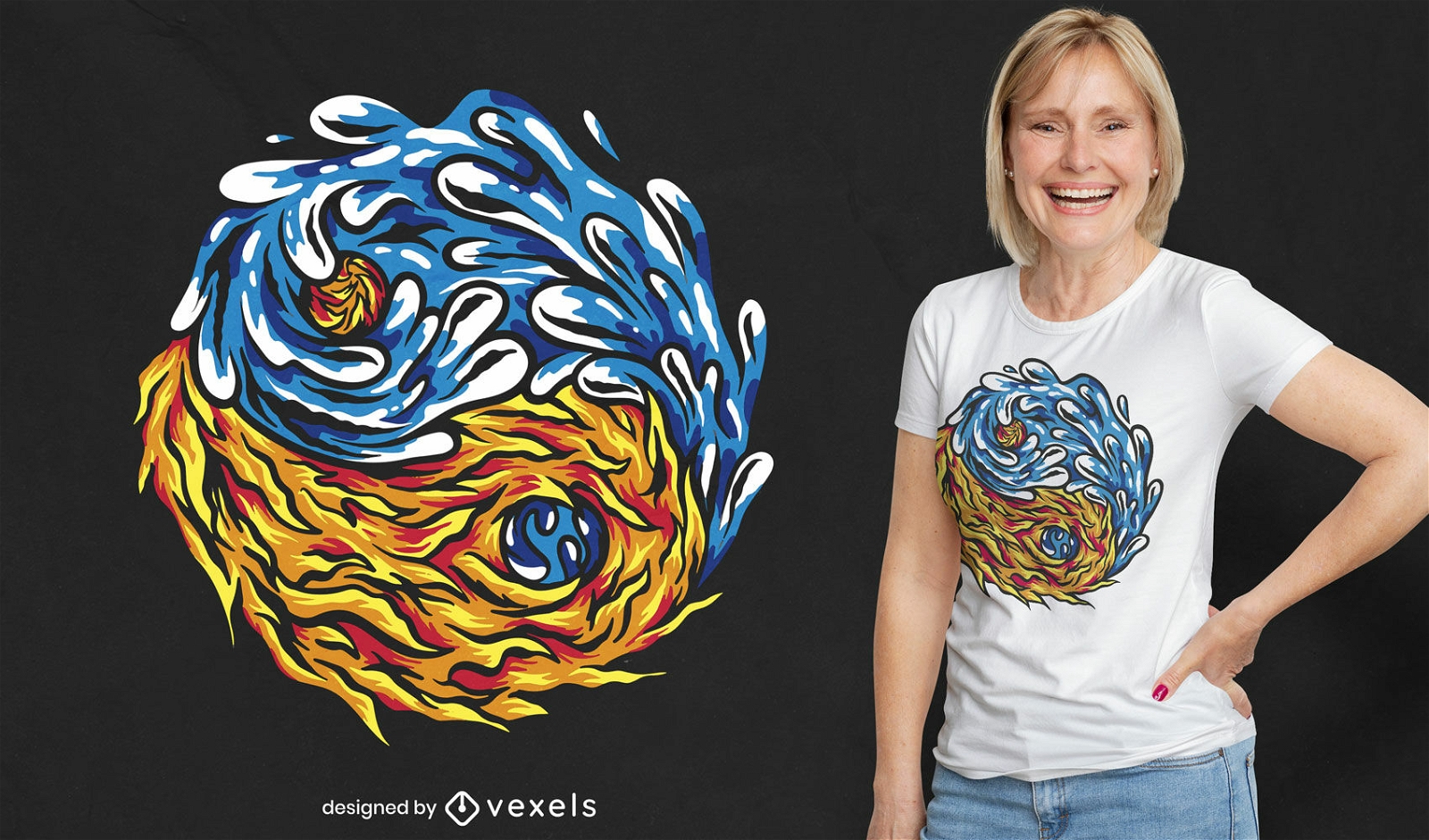 Diseño de camiseta Yin-Yang de fuego y agua.