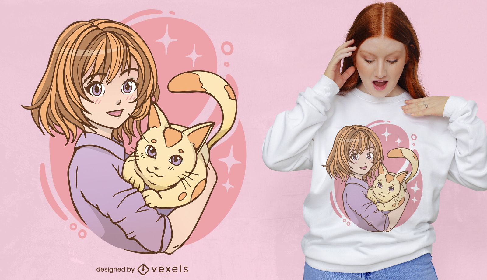 Anime-Mädchen, das ein Katzen-T-Shirt-Design umarmt