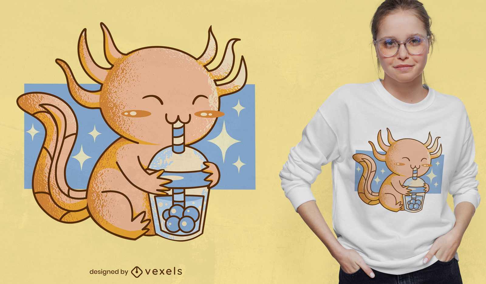 Design de camiseta de chá de boba bebendo Axolotl