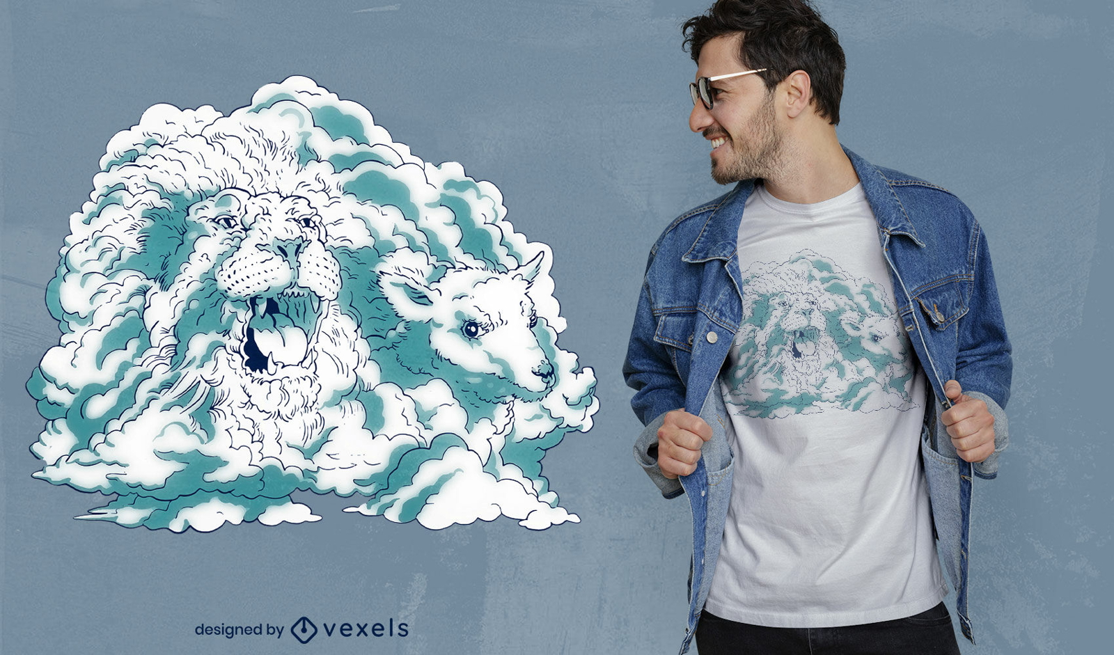 Design de camiseta de nuvem de leão e cordeiro