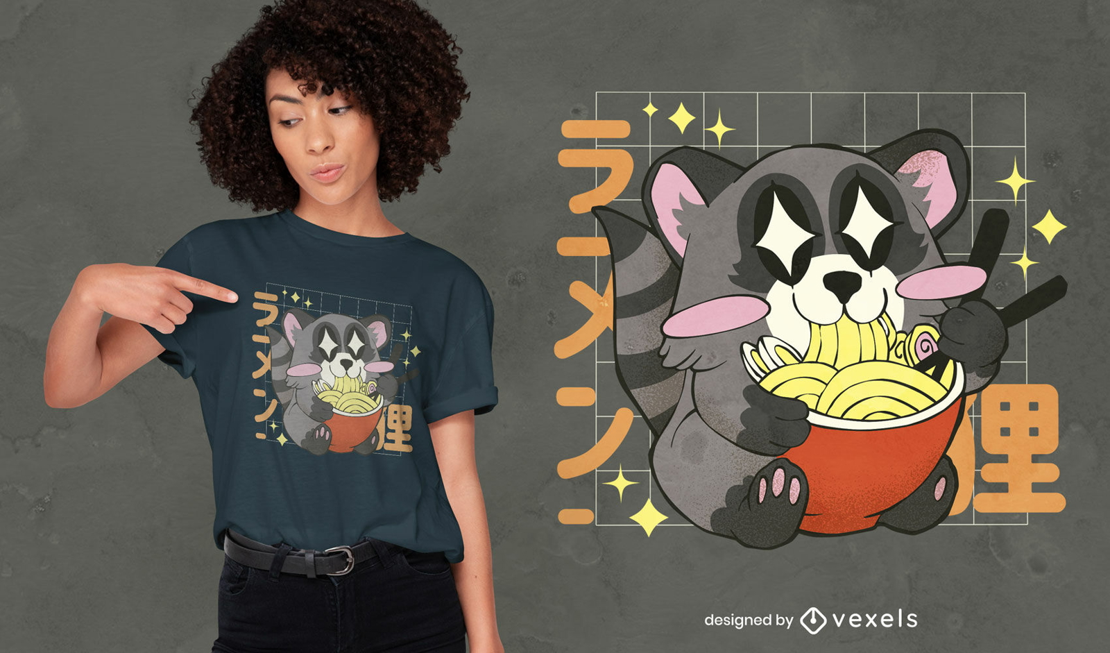 Kawaii raccoon eating ramen t-shirt design