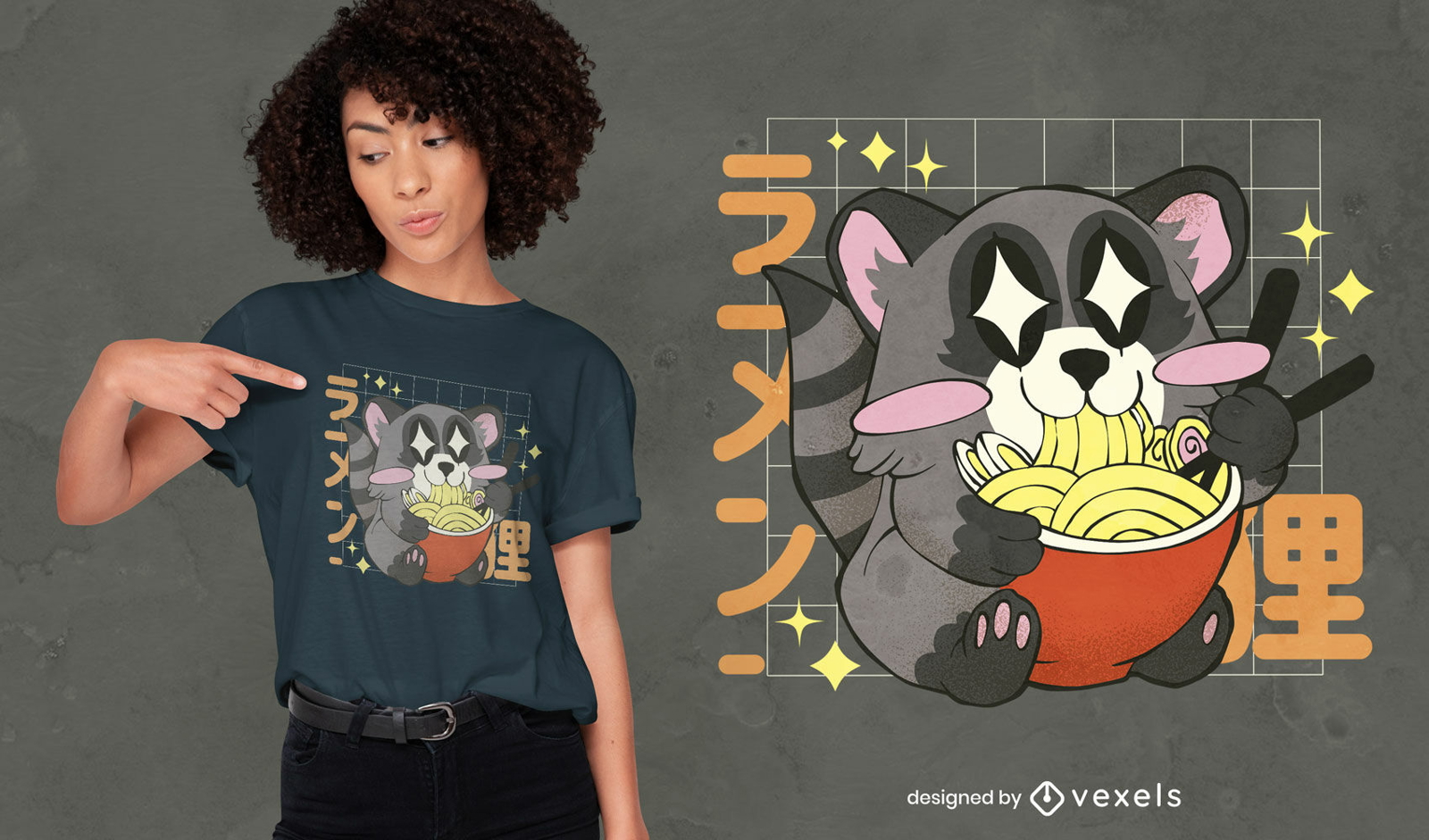 Kawaii Waschbär, der Ramen-T-Shirt Design isst