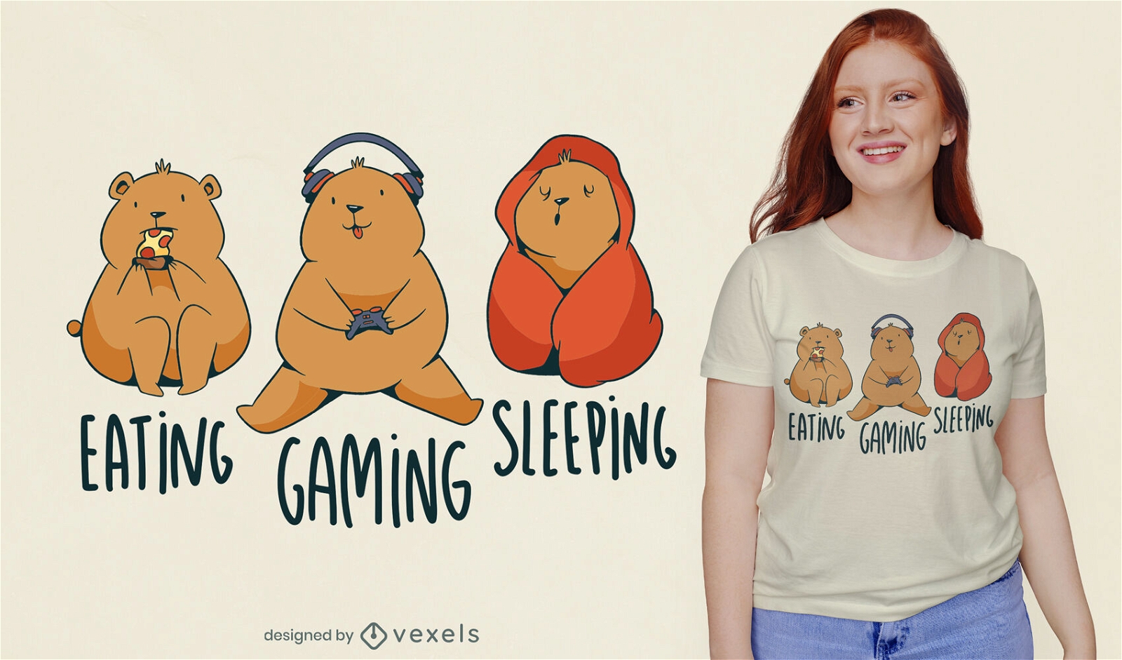 Comer design de camiseta de urso adormecido para jogos
