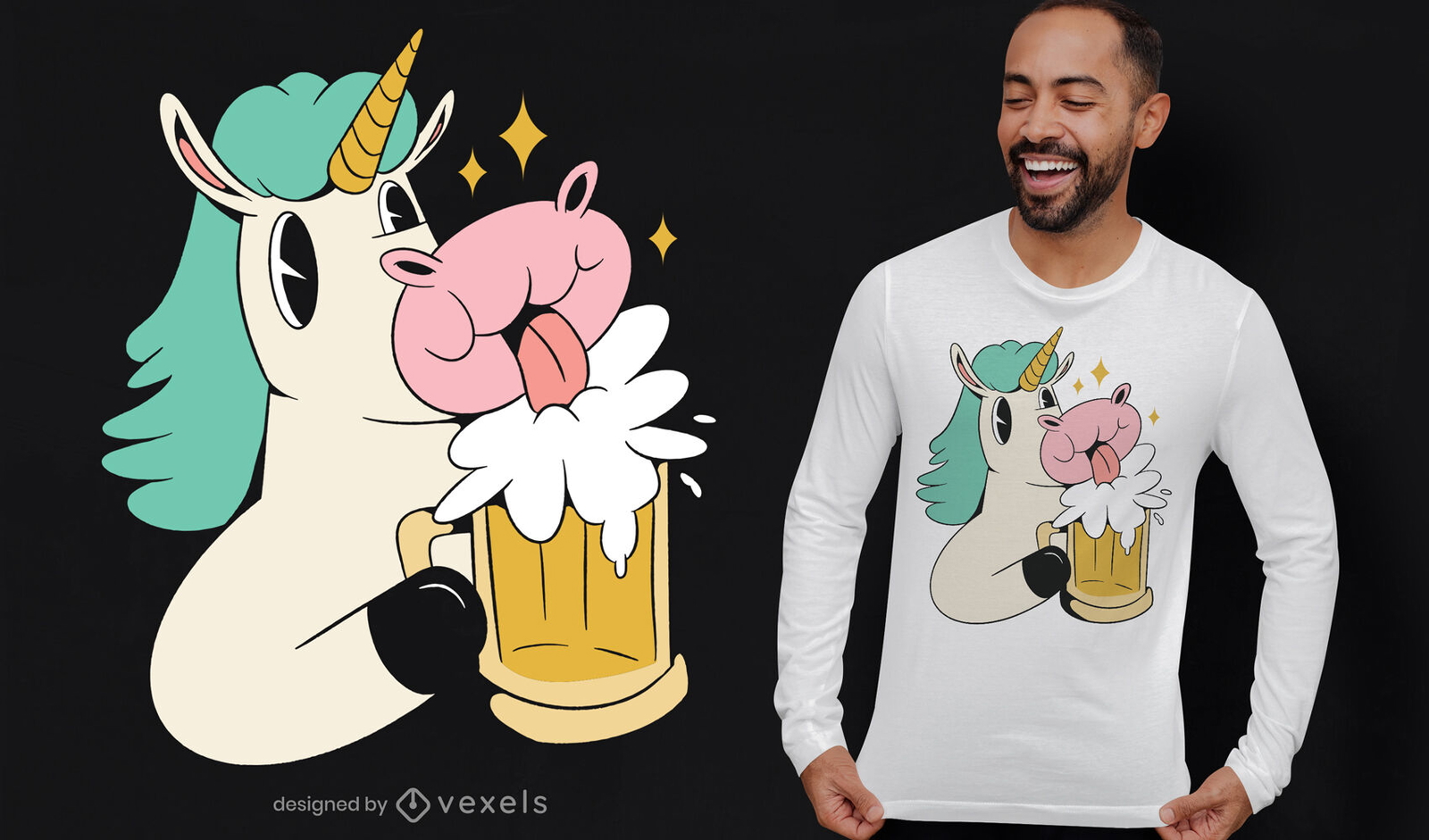 Design de camiseta de desenho animado de unicórnio de cerveja