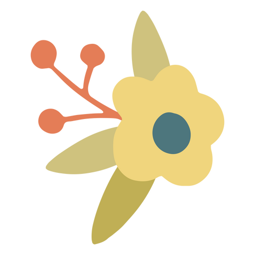 Flor plana amarilla con hojas. Diseño PNG