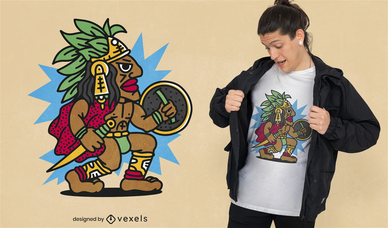 Design de camiseta de personagem guerreiro asteca