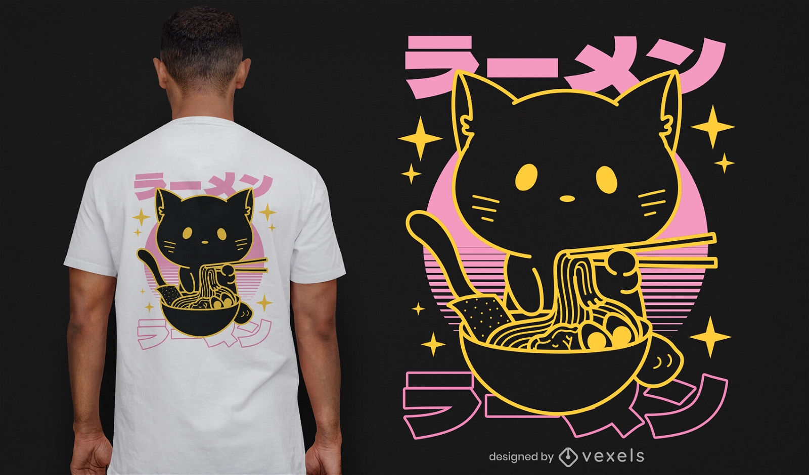 Animal de gato comendo design de t-shirt de comida ramen