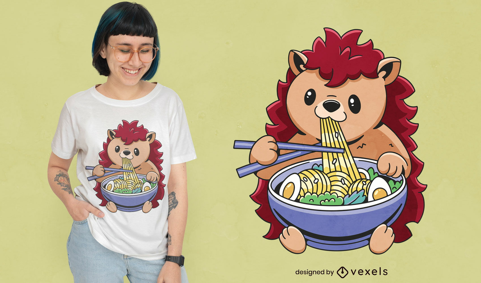 Diseño de camiseta de erizo comiendo ramen