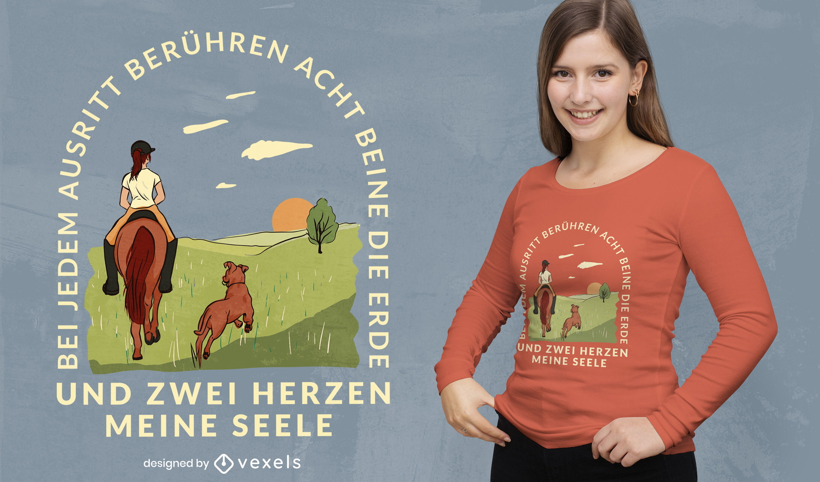 Mädchen, das ein Pferdet-shirt-Design reitet