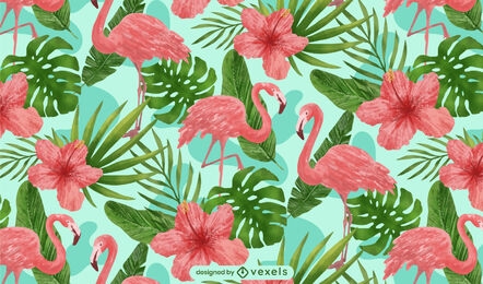 Jungle flowers and flamingo pattern design