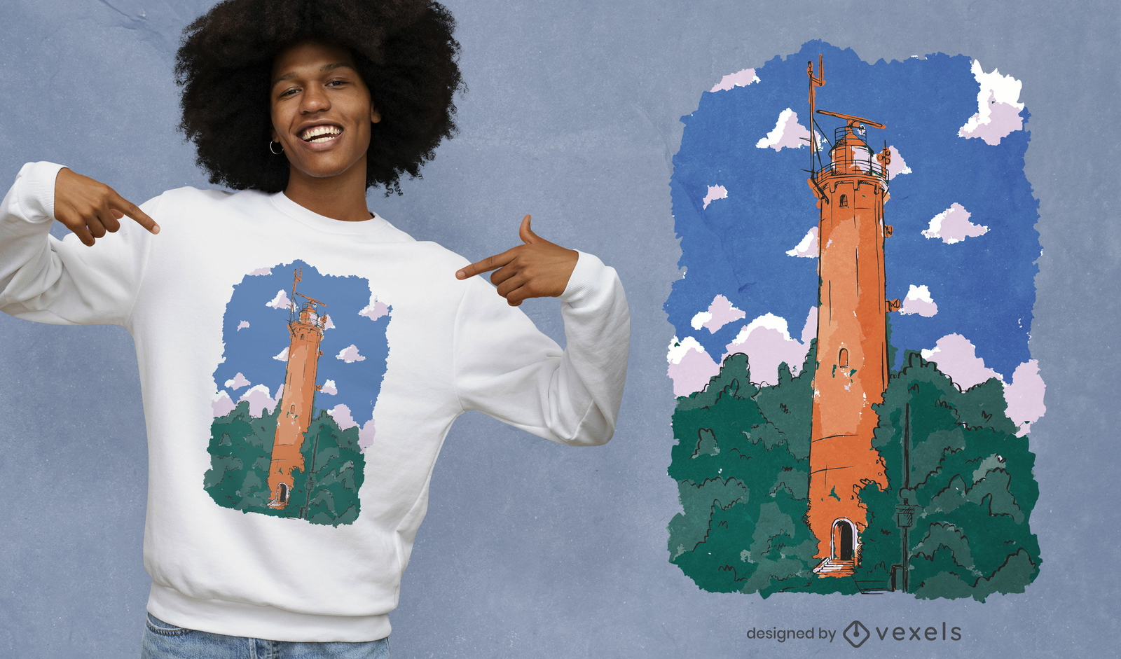 Faro en diseño de camiseta de bosque.