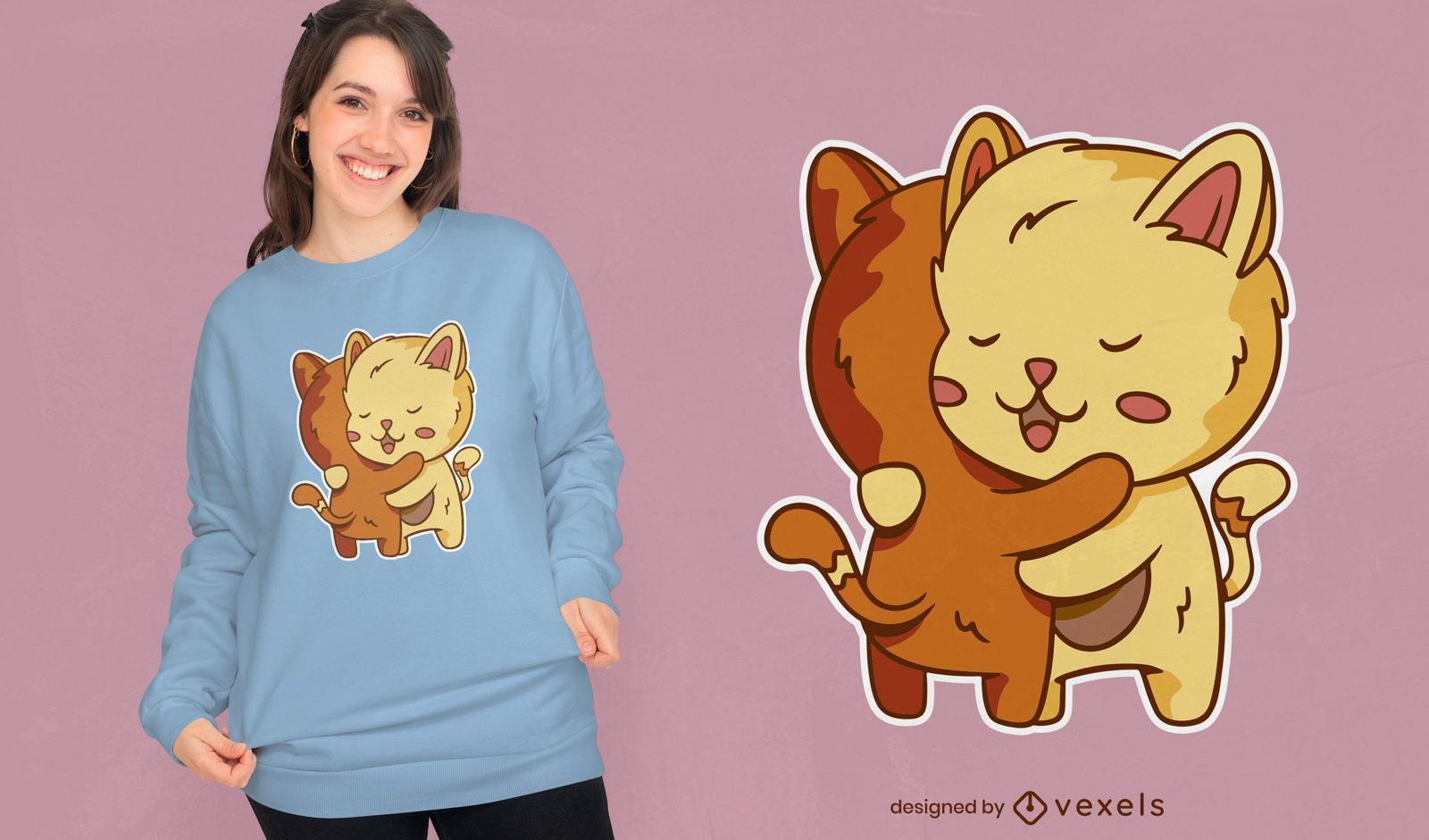 Gatos felices animales abrazando diseño de camiseta.