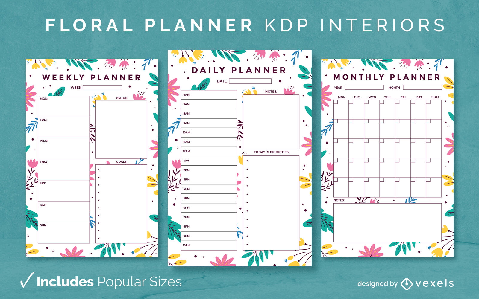 Floral colorful planner Diary Design Template KDP 
