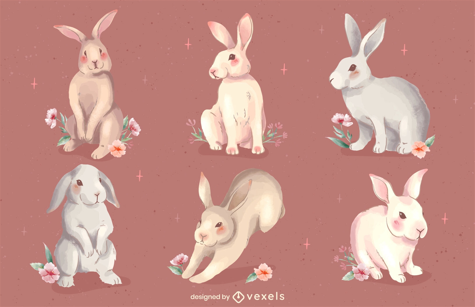conjunto de coelhos em aquarela