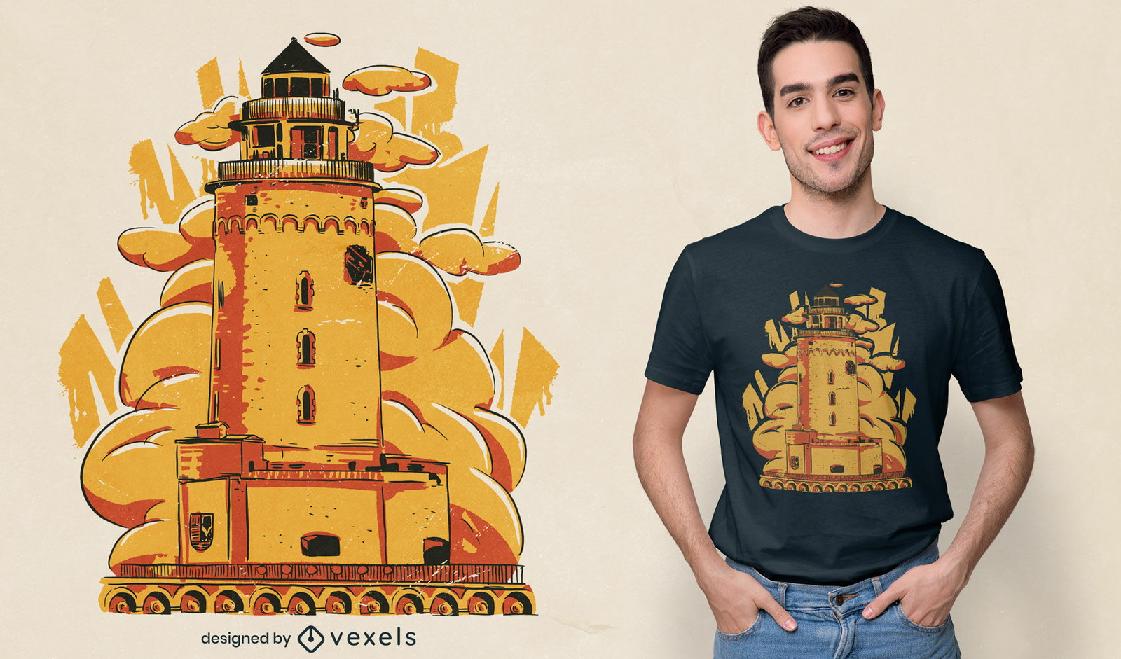 Diseño de camiseta de faro antiguo.