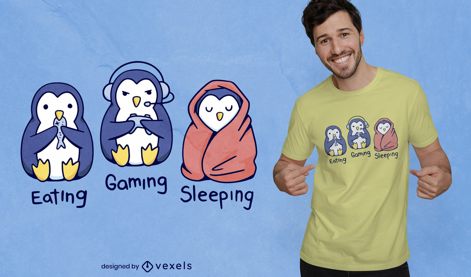 Diseño de camiseta de pingüino durmiendo comiendo juegos