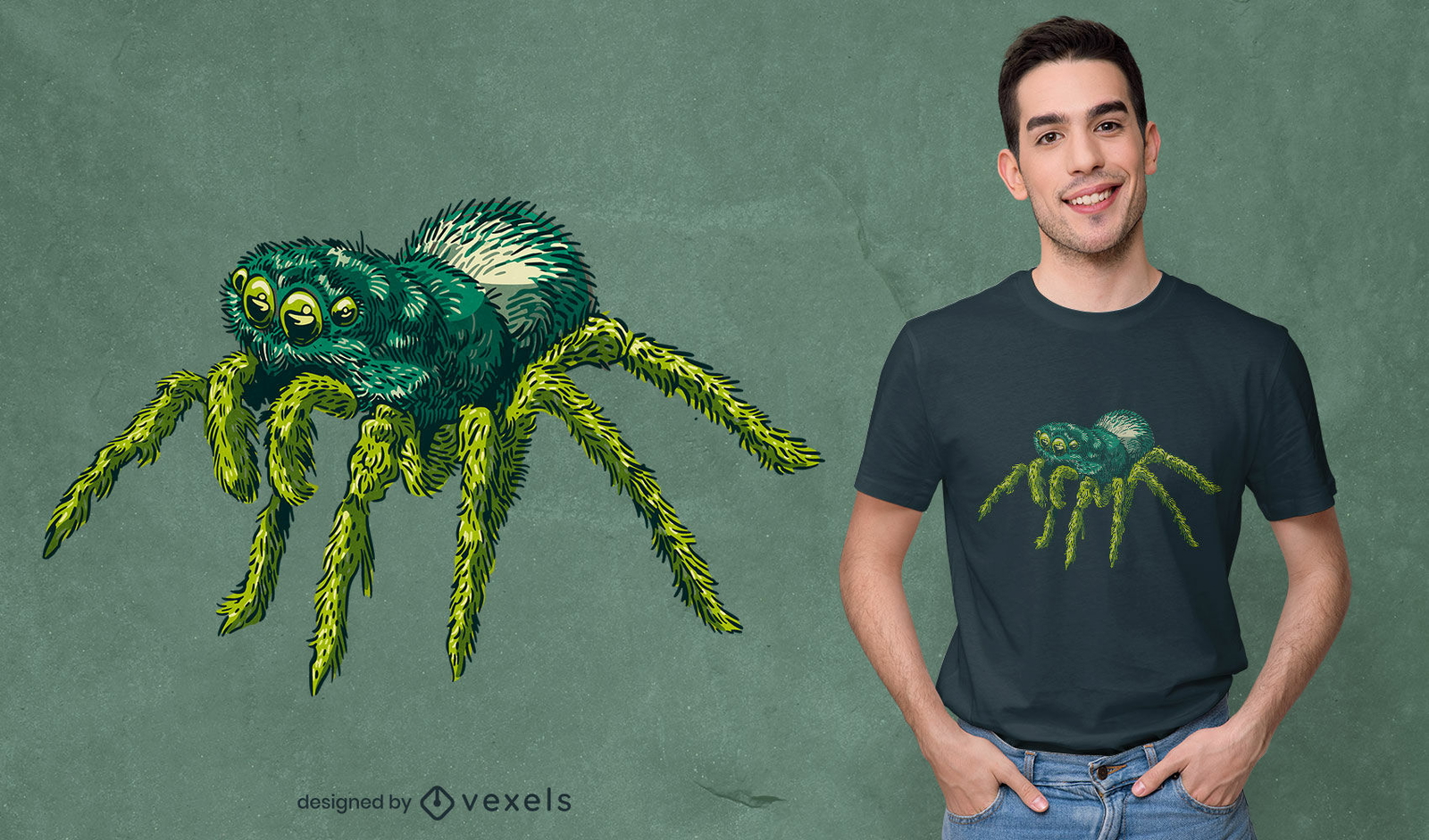 Diseño de camiseta de araña verde.