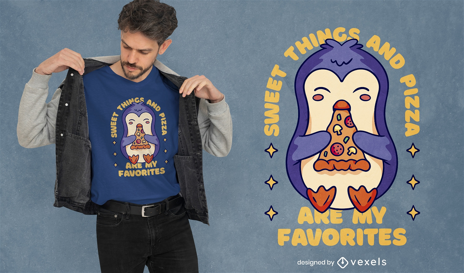 Diseño de camiseta de pingüino dulce comiendo pizza.