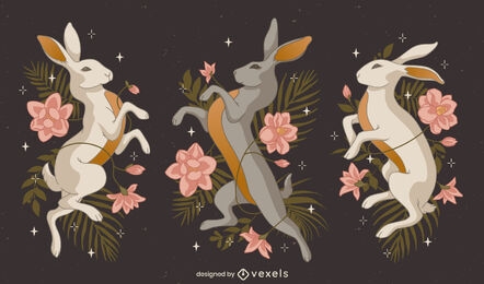 Wild floral rabbit characters set