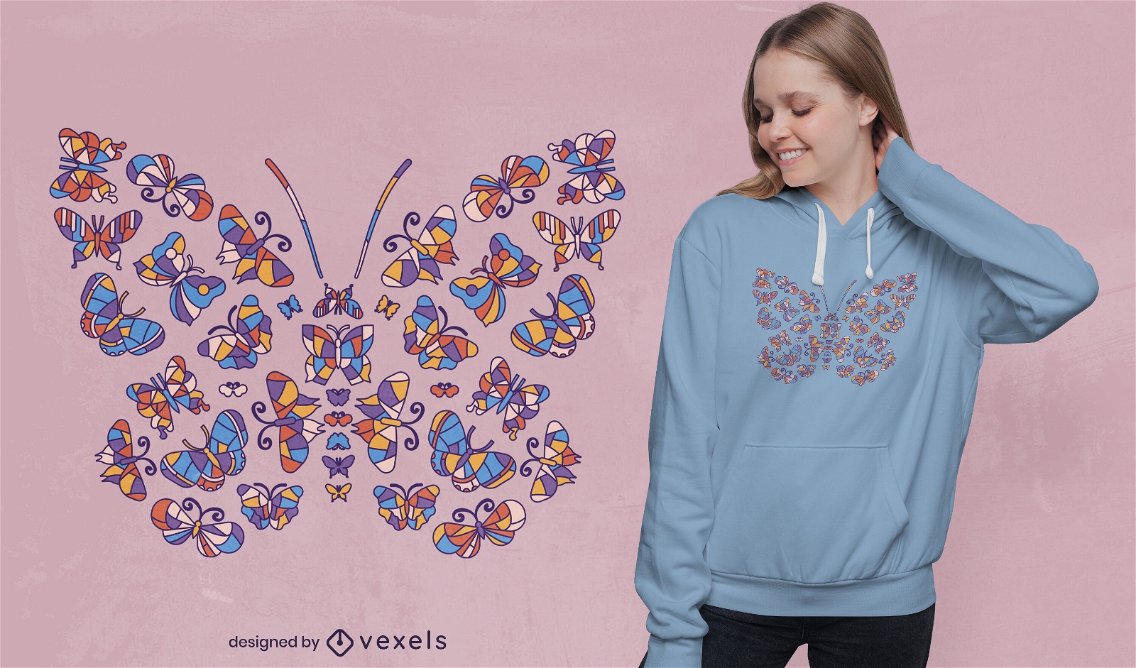 Diseño de camiseta de mariposas de cristal de colores.