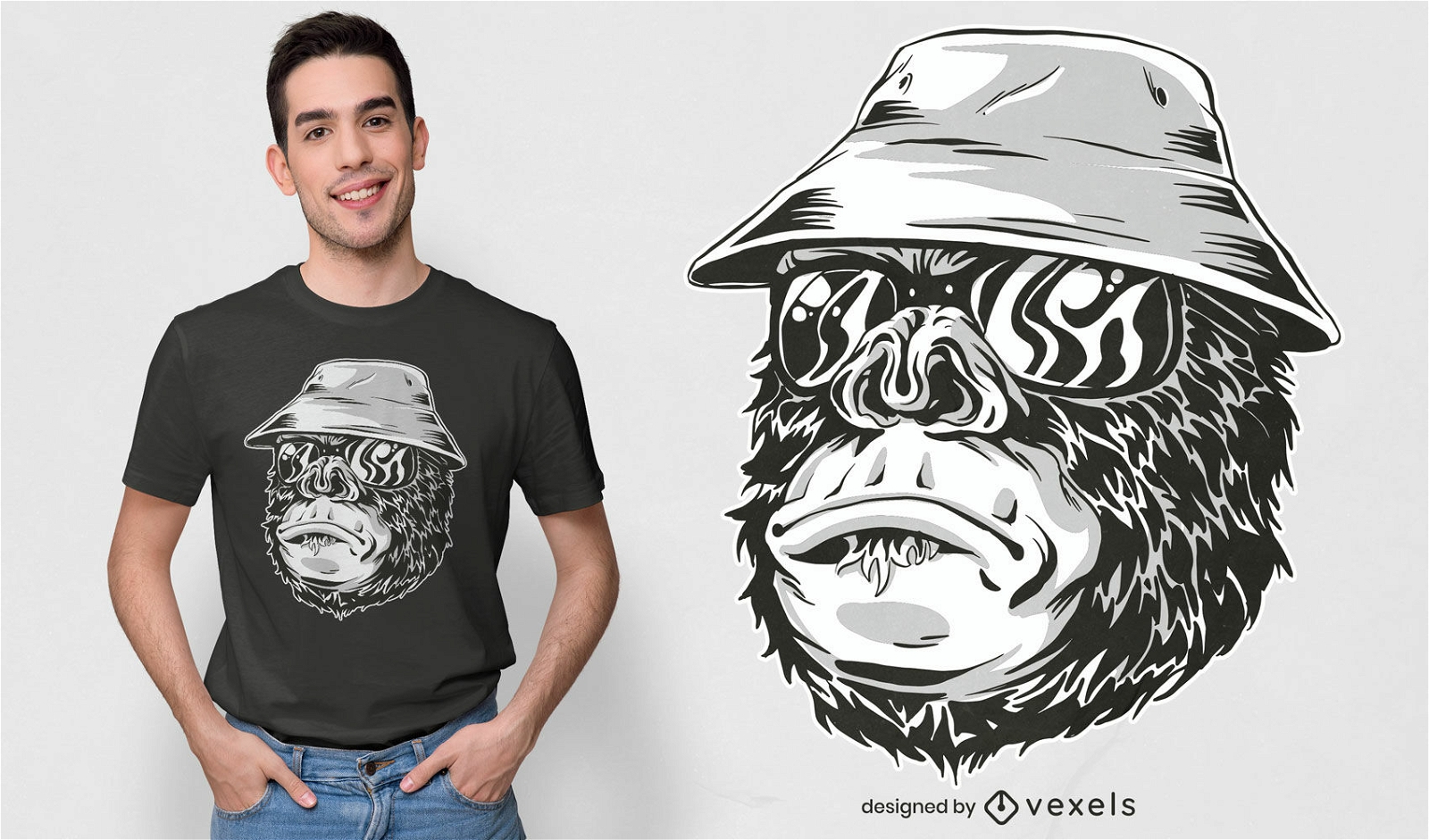 Diseño de camiseta de gorila con sombrero y gafas de sol.