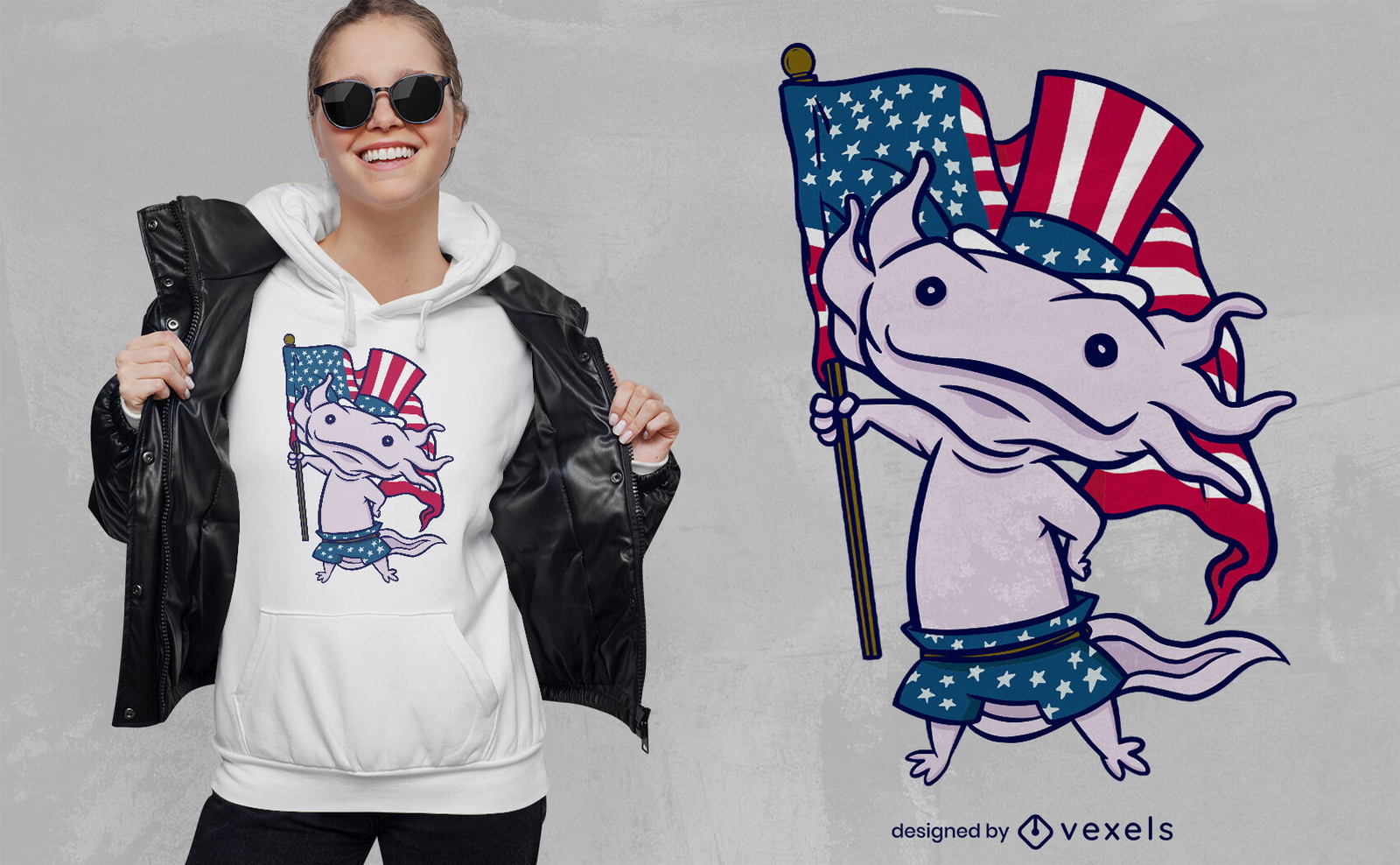 Axolotl con diseño de camiseta de bandera americana.