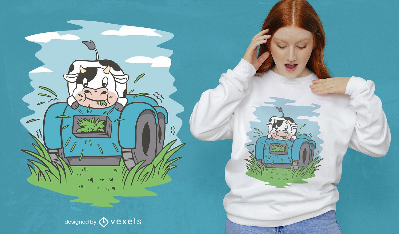 Diseño de camiseta de animal de vaca en cortacésped