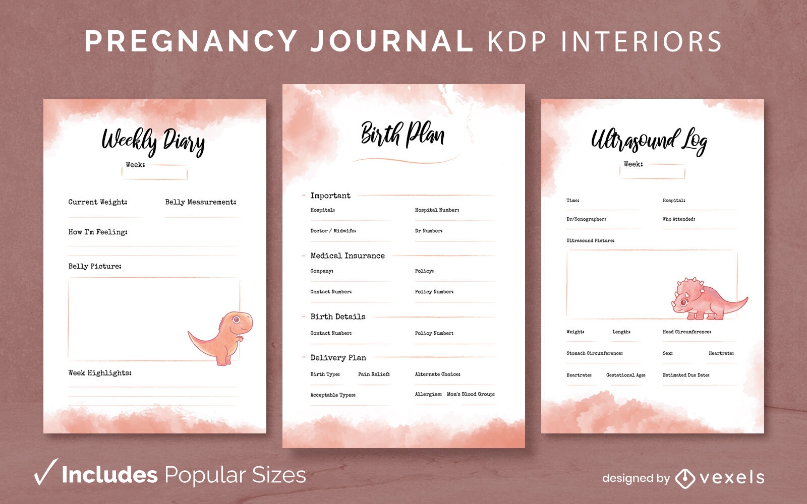 Schwangerschafts-Dino-Journal Designvorlage KDP