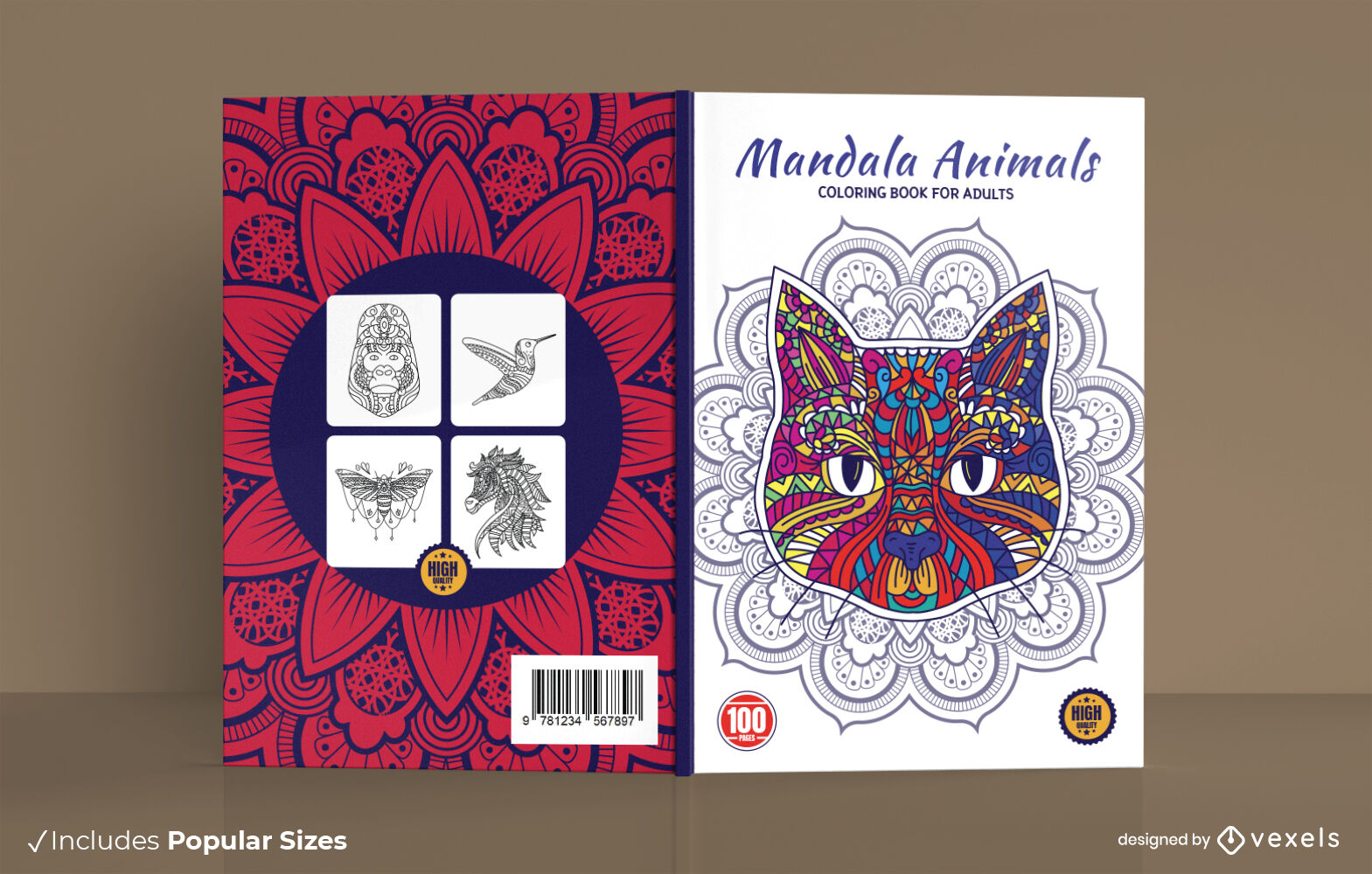 Diseño de portada de libro para colorear de animales mandala