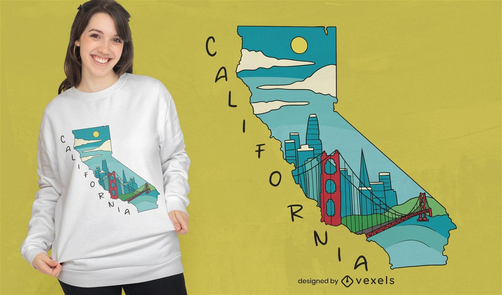 Dise?o de camiseta de puntos de referencia del mapa de California