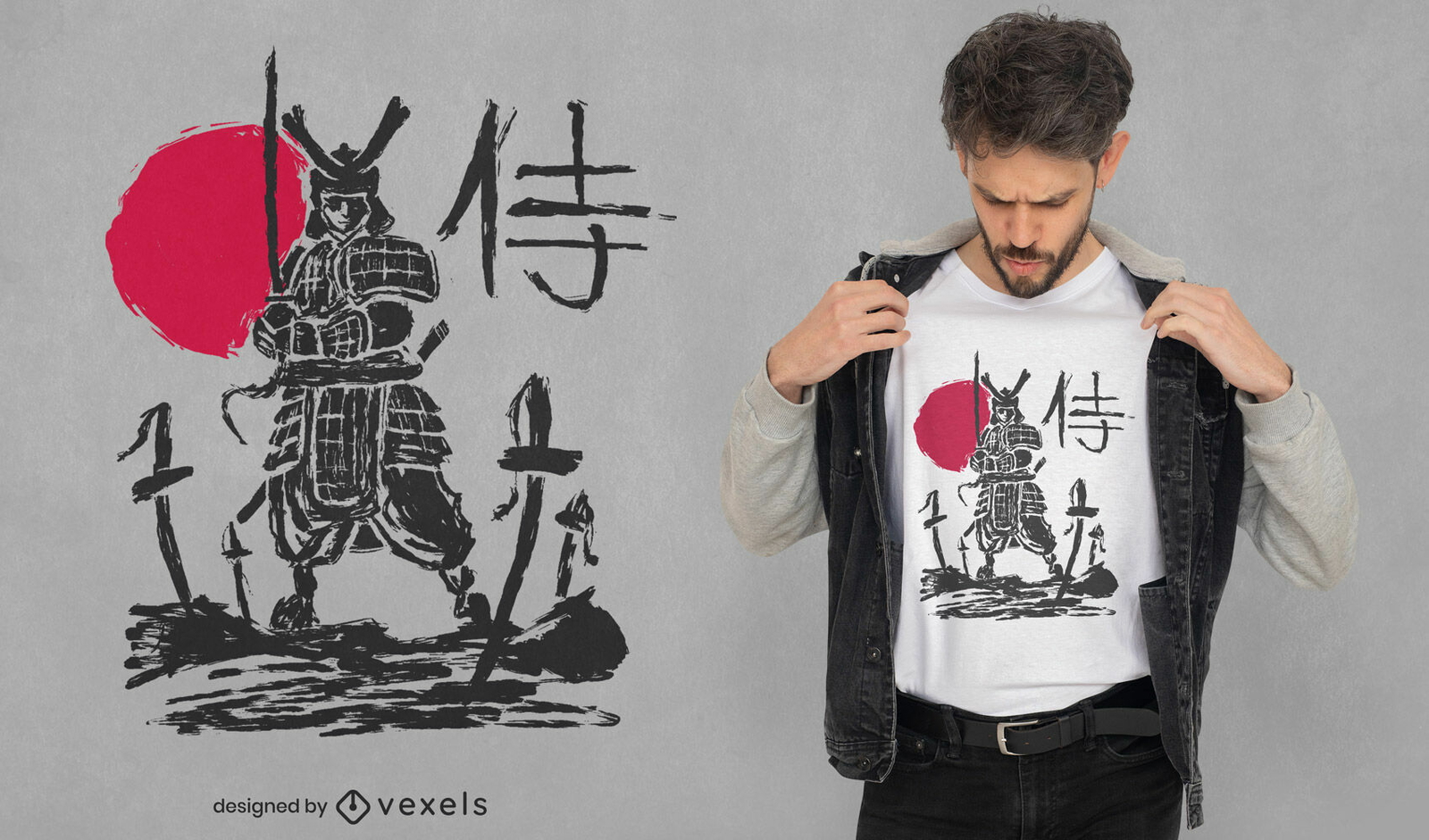 Diseño de camiseta de boceto de guerrero samurai