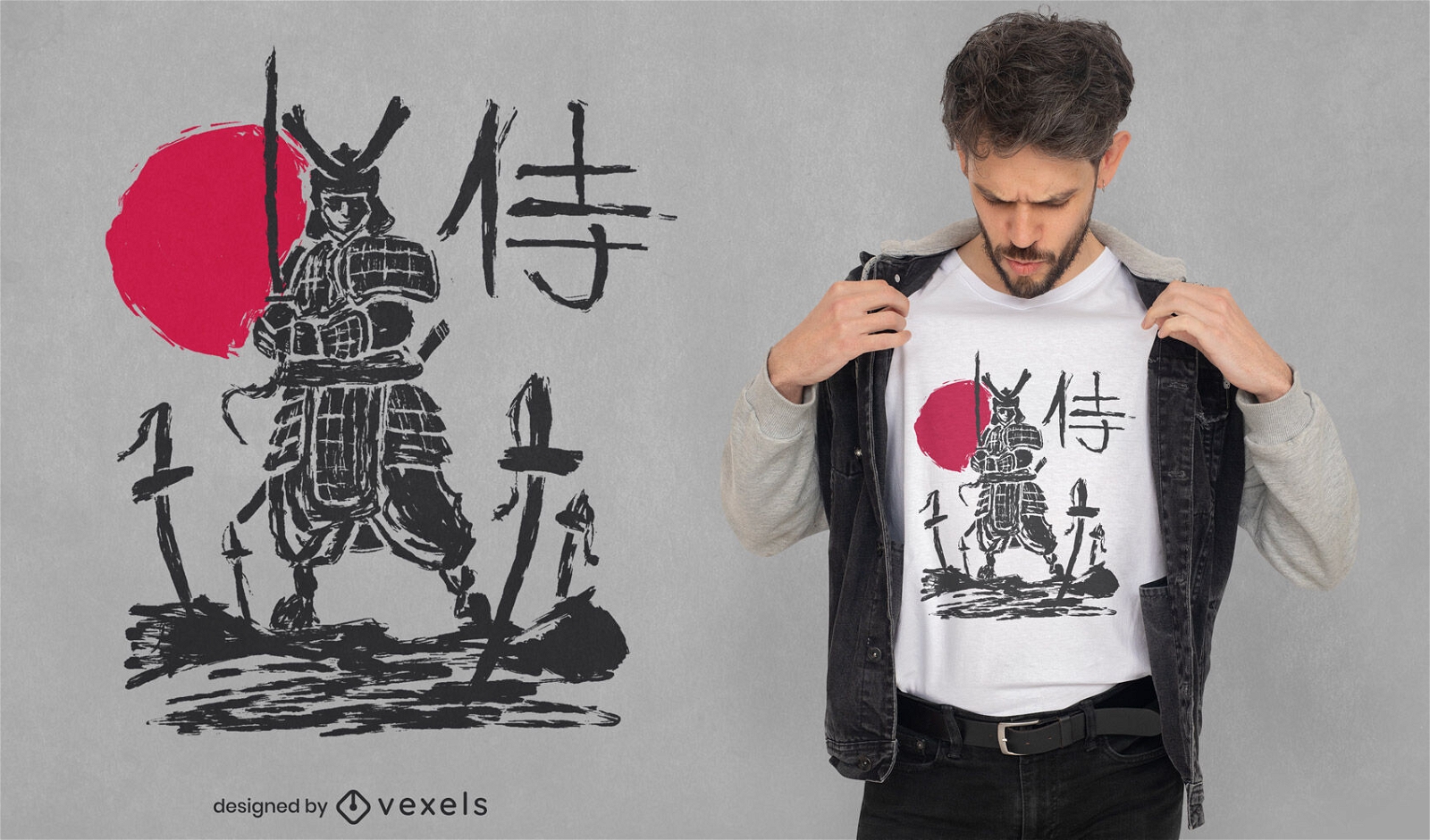 Design de camiseta de esboço de guerreiro samurai