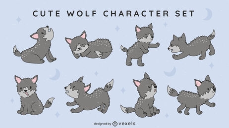 Conjunto de animais selvagens de desenho animado de lobos bebês