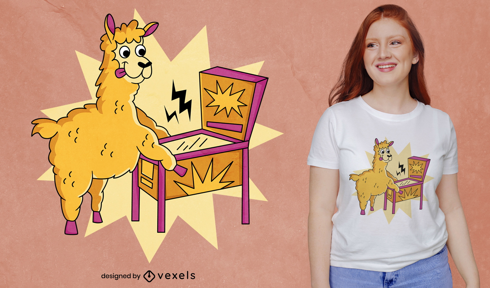 Lama-Tier, das Flipper-T-Shirt-Design spielt