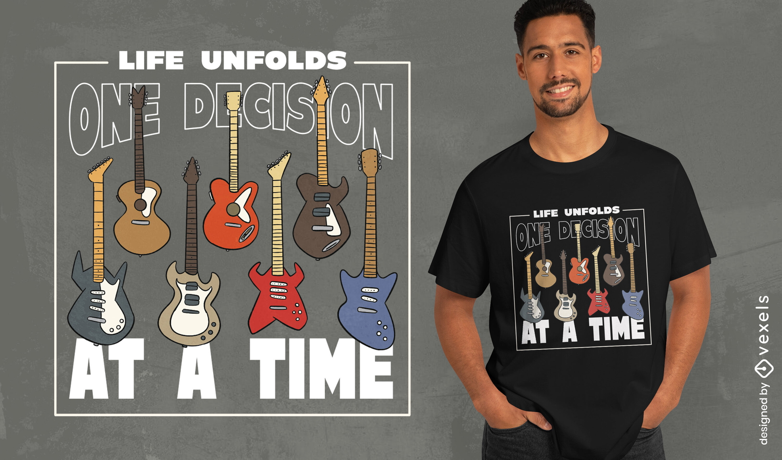 Diseño de camiseta con instrumentos musicales de guitarra eléctrica.