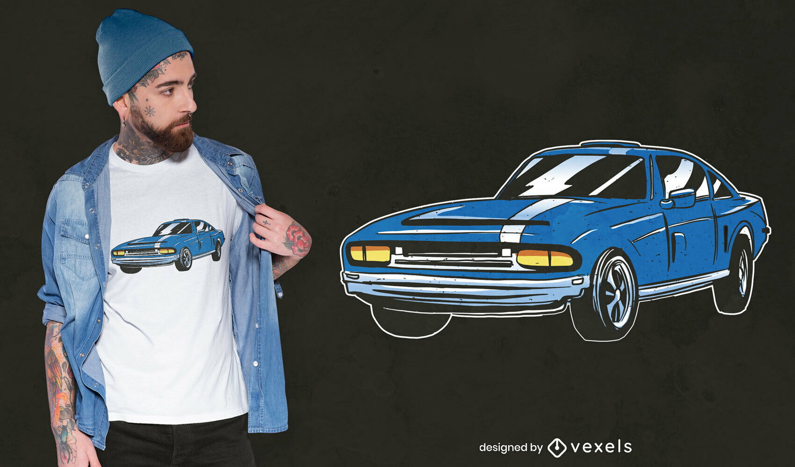 Design clássico de camiseta de carro azul vintage