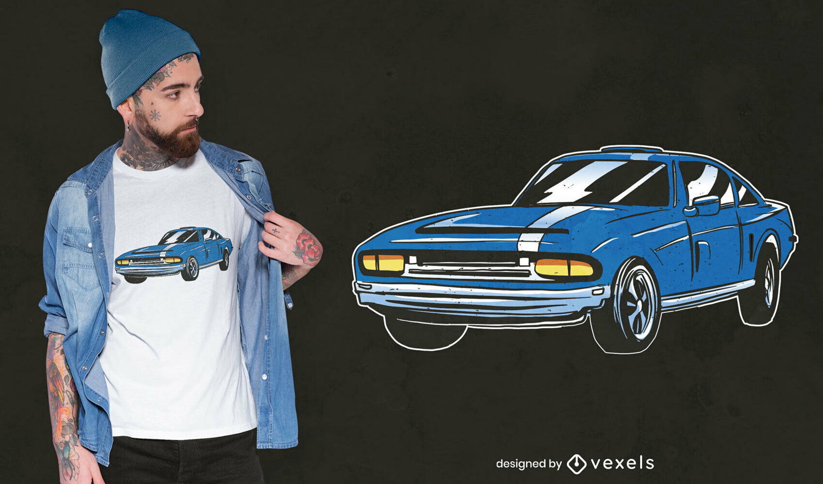 Diseño clásico de camiseta de coche azul vintage.