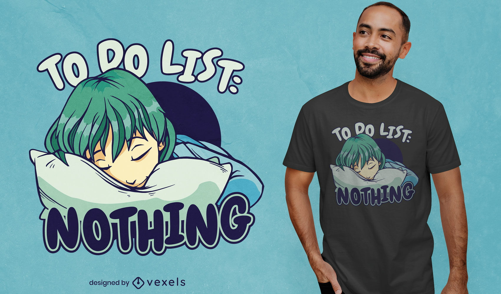 Diseño de camiseta de anime girl durmiendo.