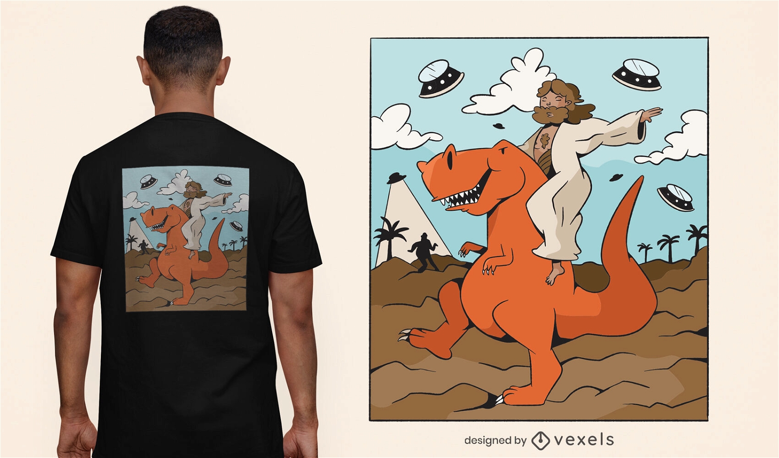 Jesus e t-rex com design de camiseta de alienígenas